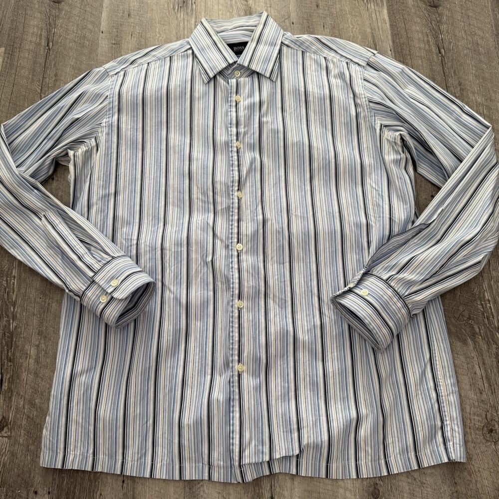 BOSS Hugo Boss Shirt Mens 16.5-34/35 Blue Striped Squared Hem Untucked Cotton